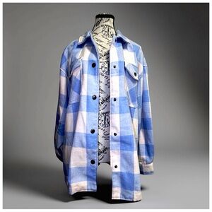 HFX Plaid Jacket Coat – Sky Blue, White & Cream – Women’s Medium